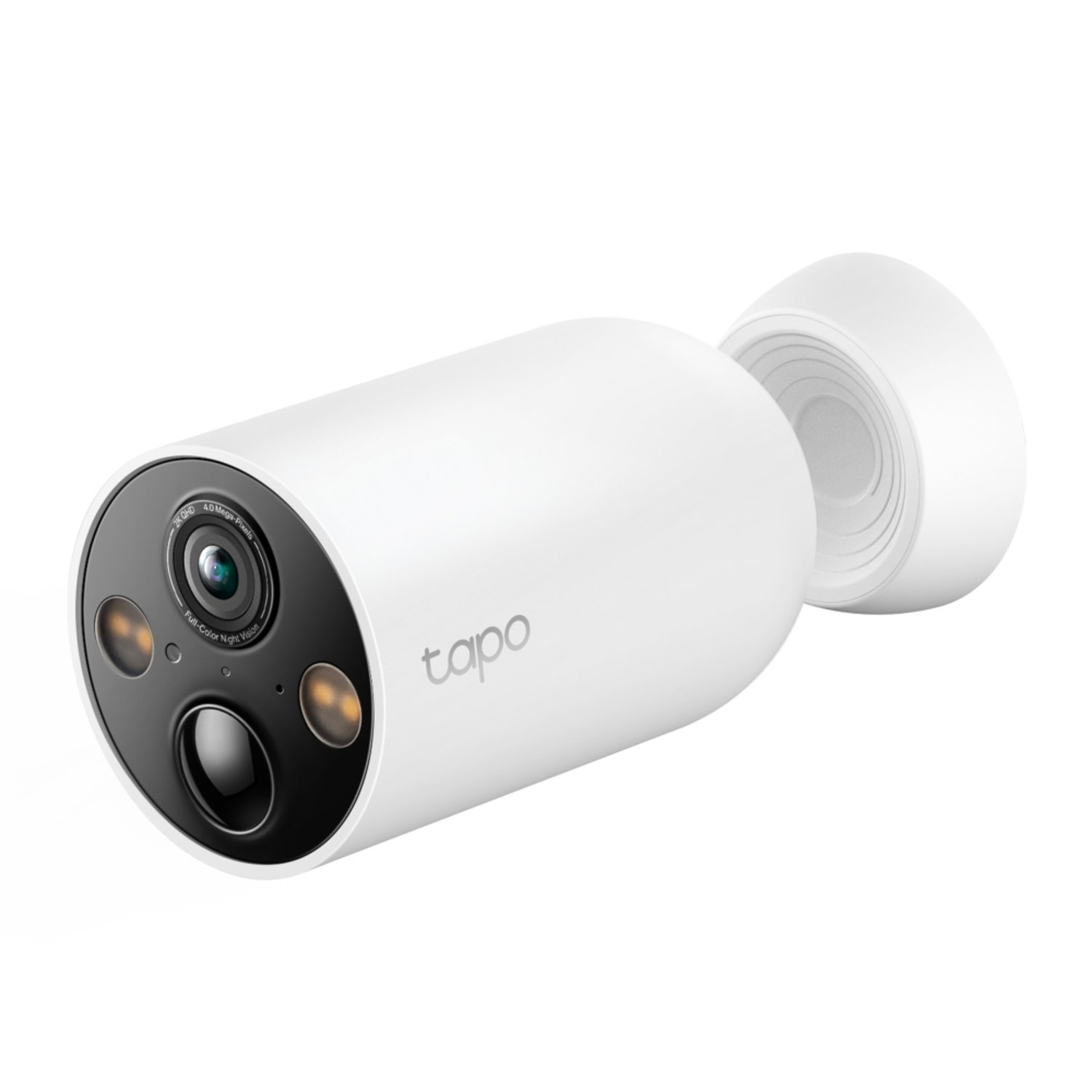 White Tapo security camera with a black lens and a logo.