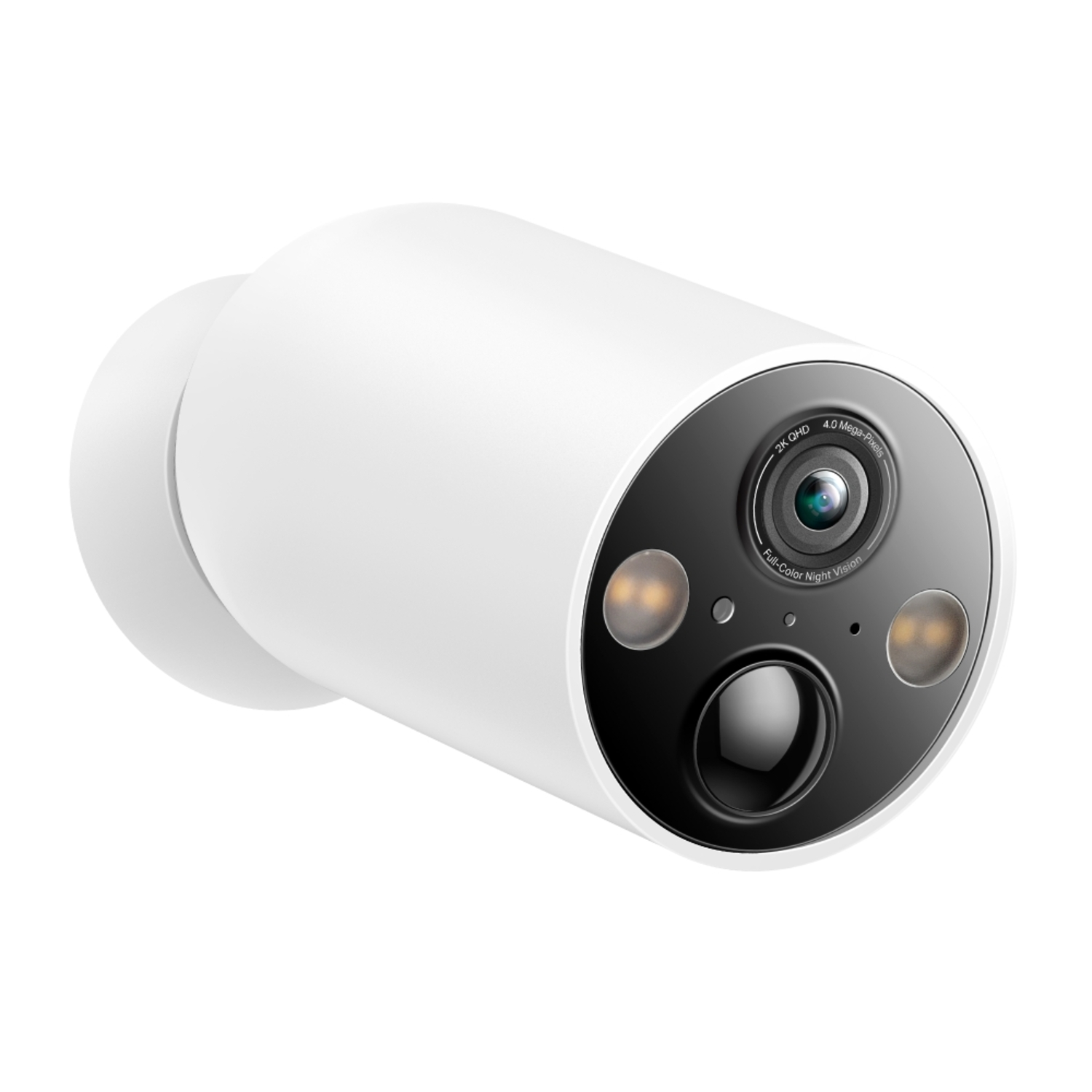A white security camera with a black lens and two lights.