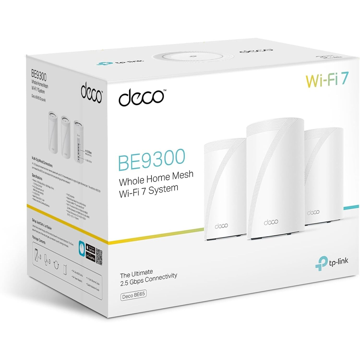 Boîte blanche avec trois appareils du système Wi-Fi 7, avec le logo de la marque.