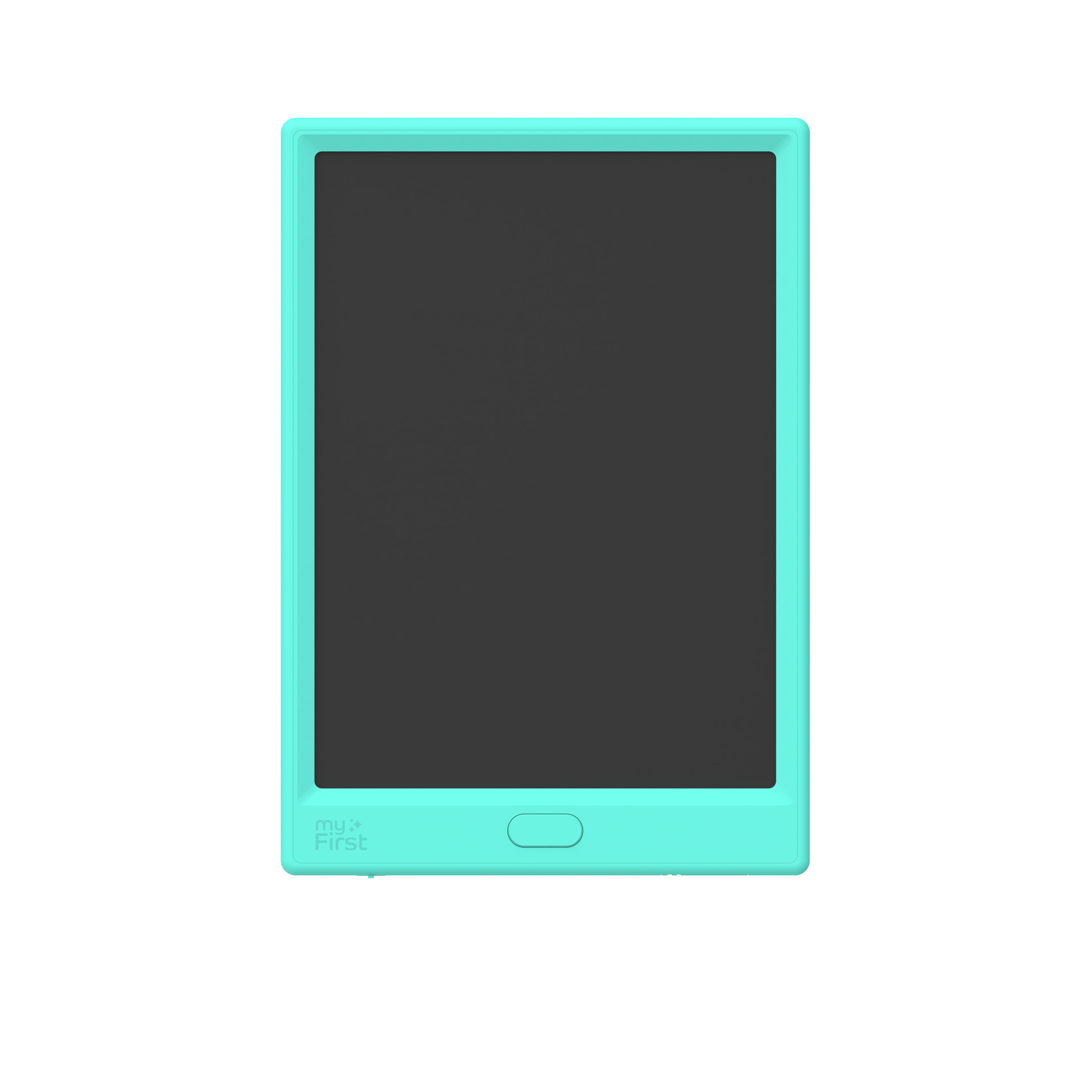 Ein blaues und weißes Tablet mit schwarzem Bildschirm. Die Marke ist My First.