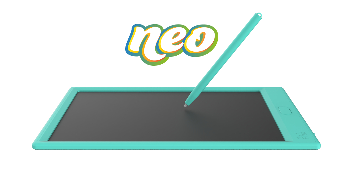 Ein türkisfarbenes Schreibtablett mit Stift, darüber der Markenname "neo".