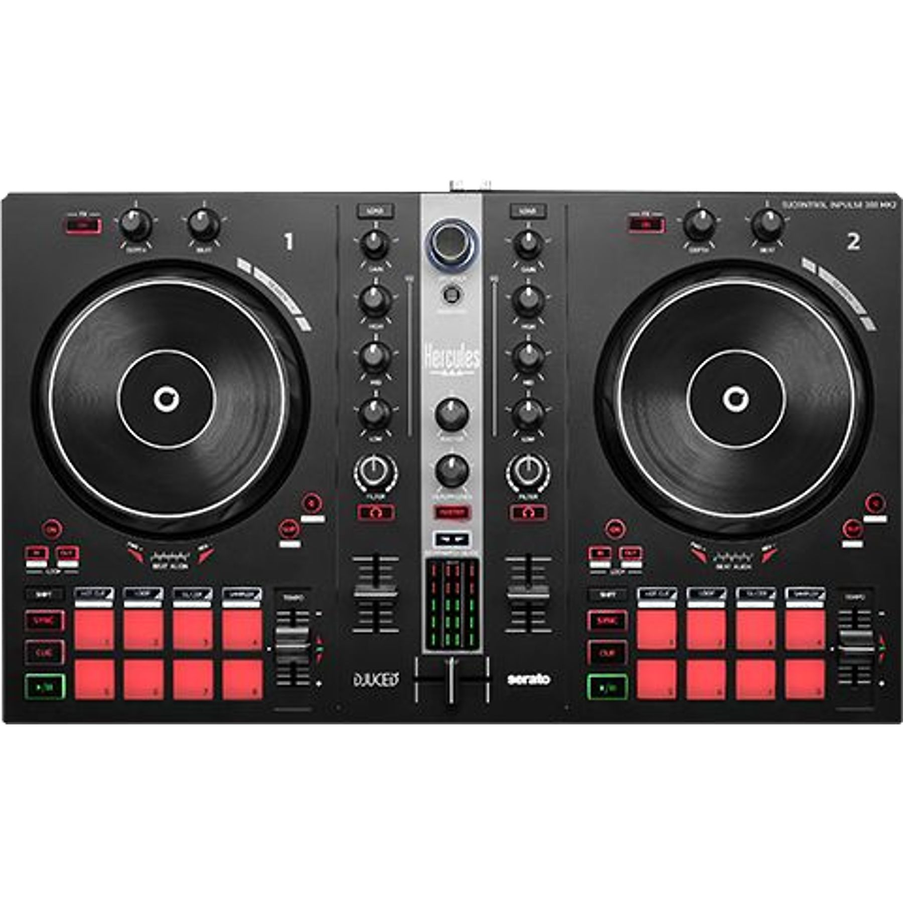 Hercules DJControl Inpulse 300 MK2 DJ-Controller, schwarz mit roten Akzenten, mit 2 Jogwheels.