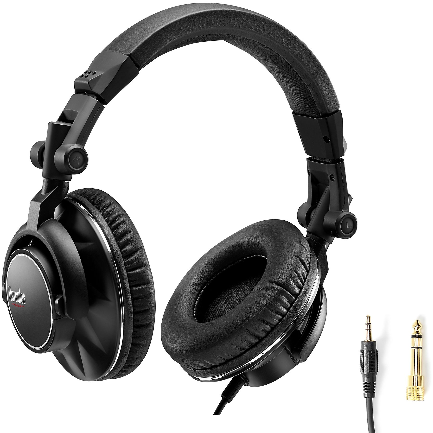 Schwarze Kopfhörer mit silbernen Akzenten und Kabel. Zwei goldene und schwarze Klinkenstecker.