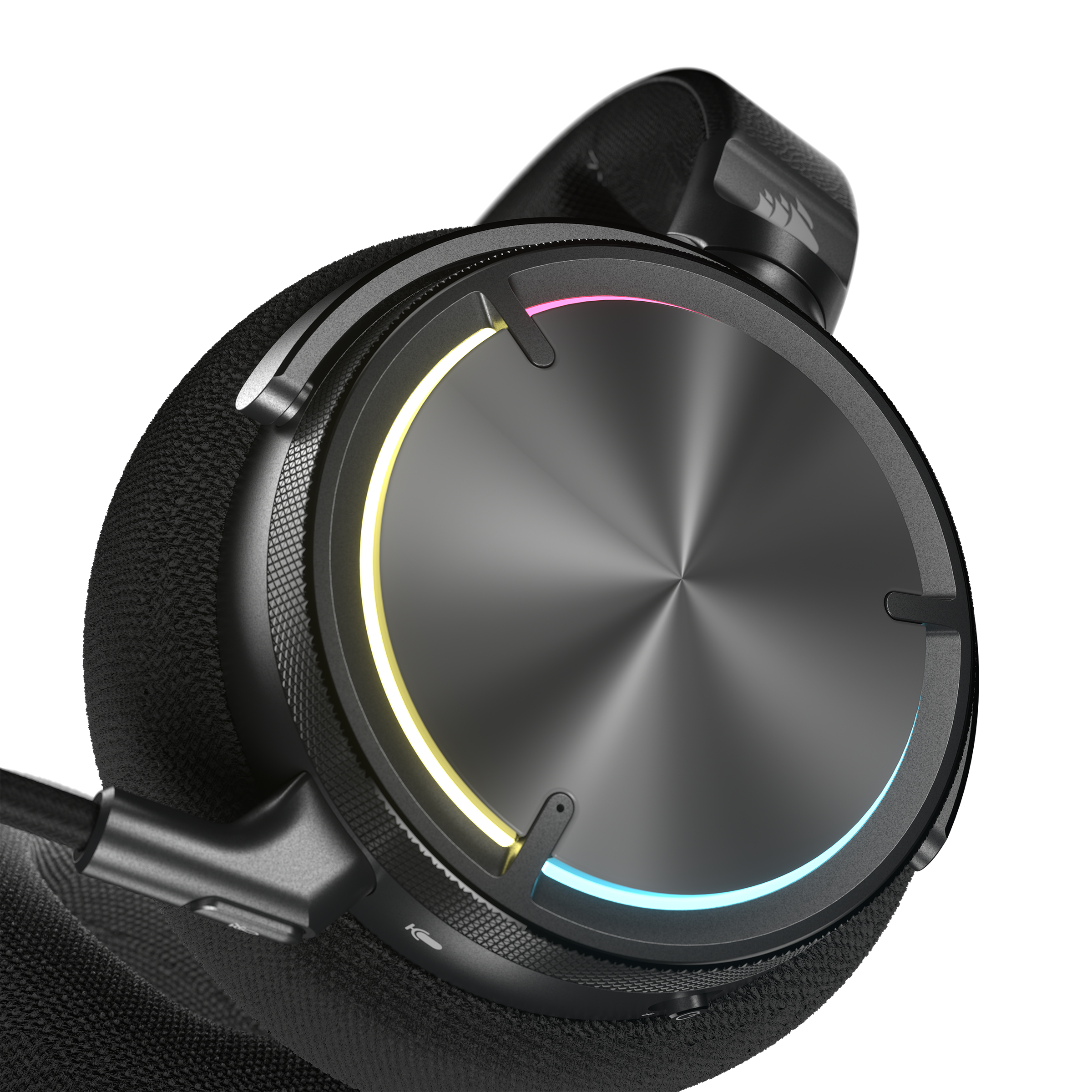Schwarzes Gaming-Headset mit kreisförmigem Ohrmuscheldesign und RGB-Beleuchtungsring.