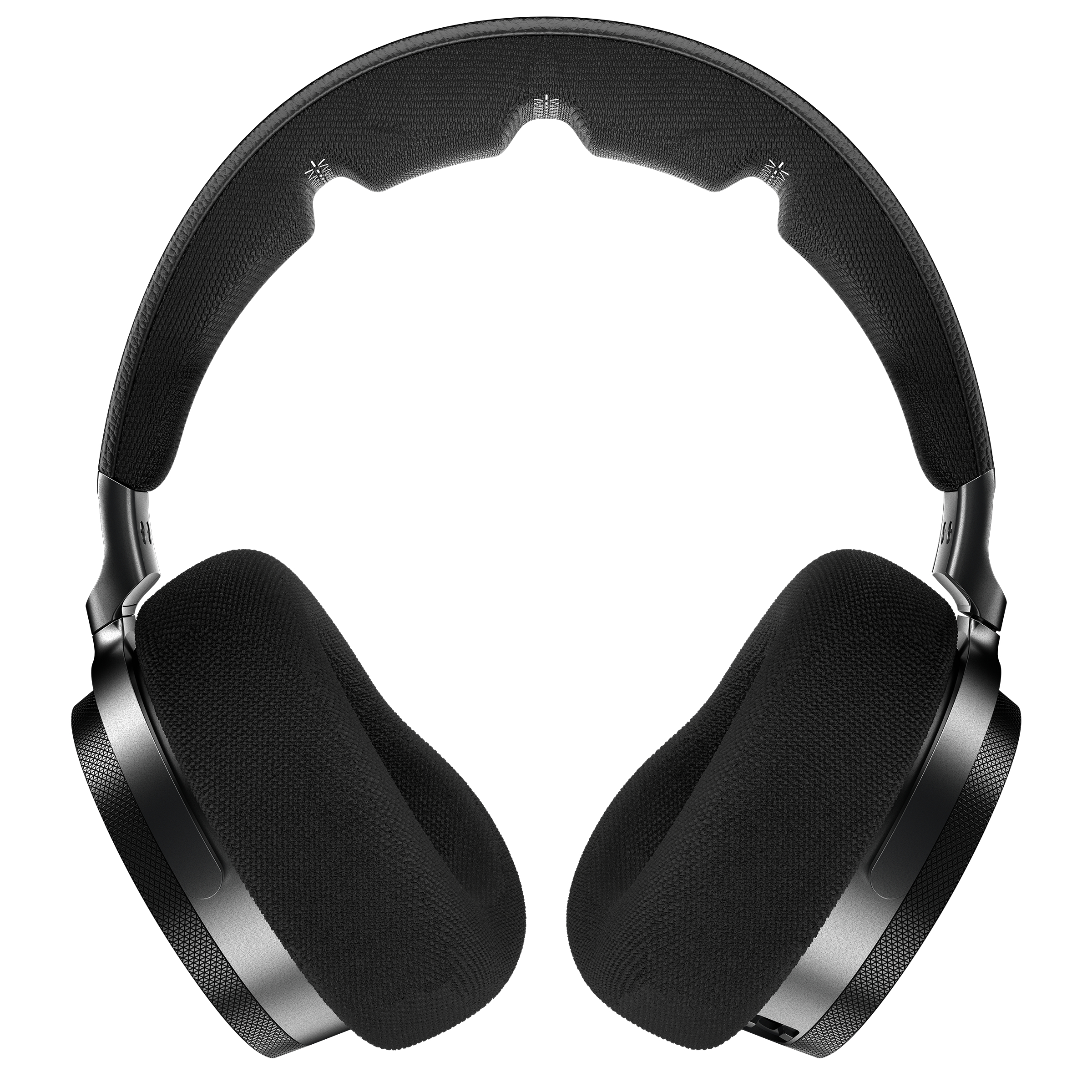Schwarze Over-Ear-Kopfhörer mit gepolstertem Kopfbügel und Ohrmuscheln, isoliert auf weißem Hintergrund.