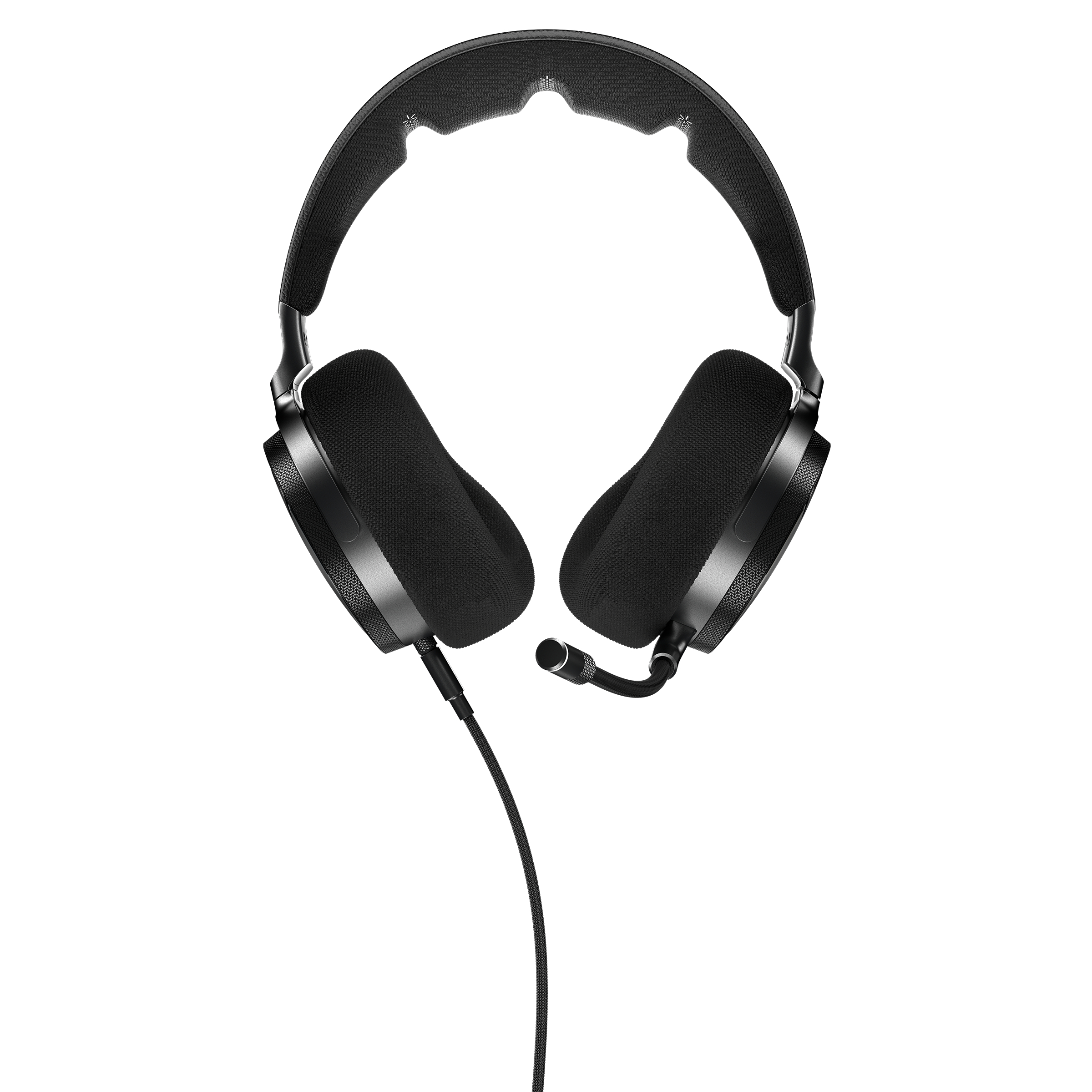 Schwarzes Gaming-Headset mit Mikrofon, auf weißem Hintergrund.