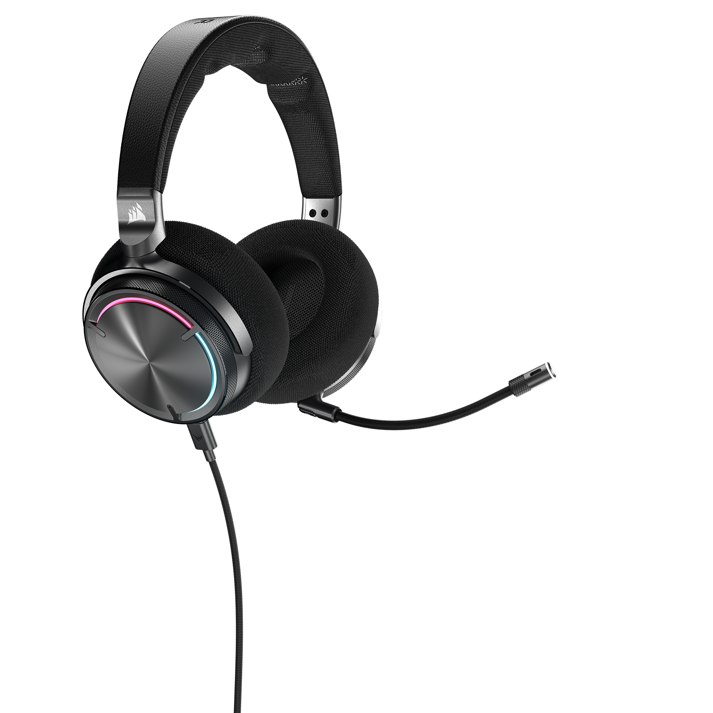 Ein schwarzes Gaming-Headset mit Mikrofon auf weißem Hintergrund.