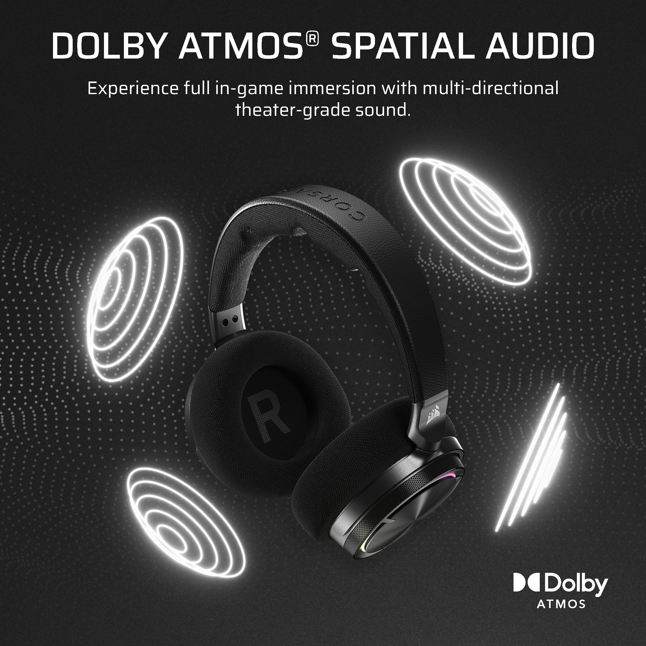 Schwarze Kopfhörer mit weißen Schallwellen und dem Dolby Atmos Logo auf dunklem Hintergrund.