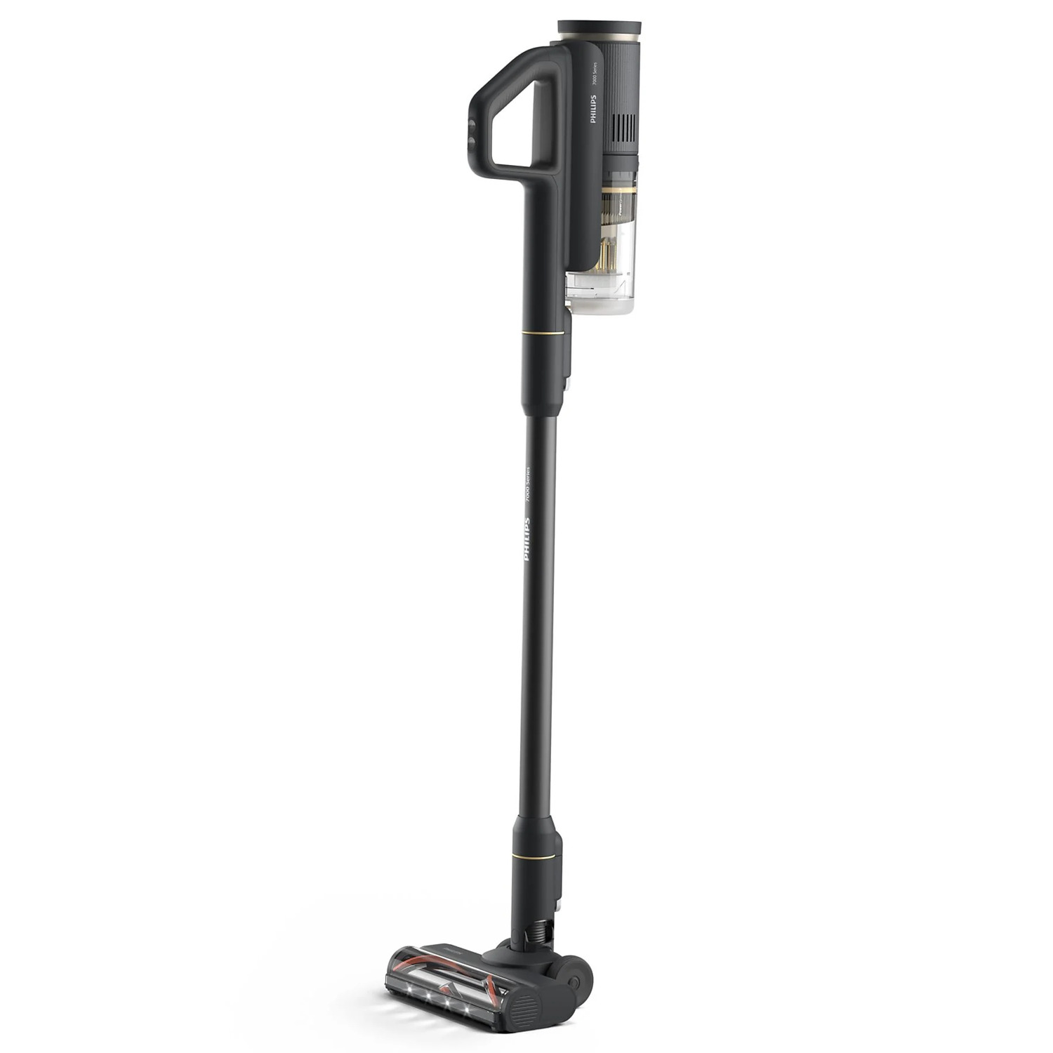Black and gold Philips cordless vacuum cleaner, standing upright.