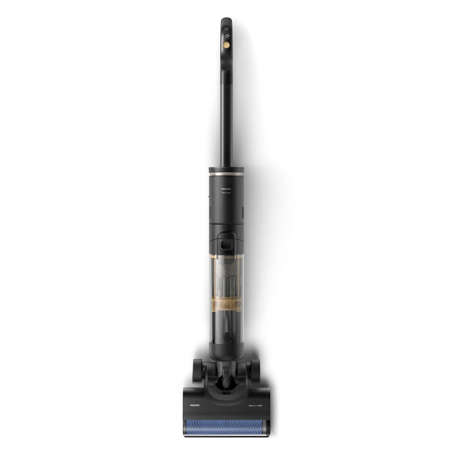 Black and silver upright vacuum cleaner, standing against a white background, top view.