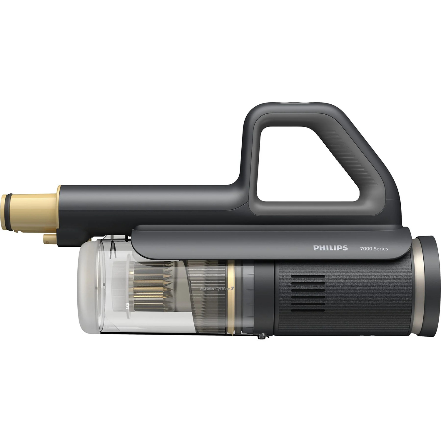 A side view of a Philips 7000 series vacuum cleaner with a transparent container.