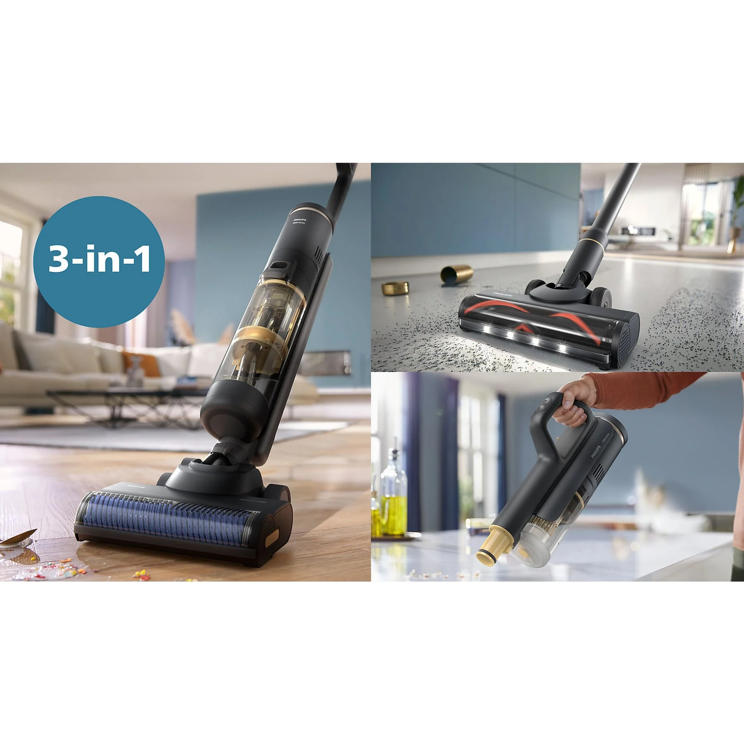 A 3-in-1 Philips vacuum cleaner showcasing different modes of use.