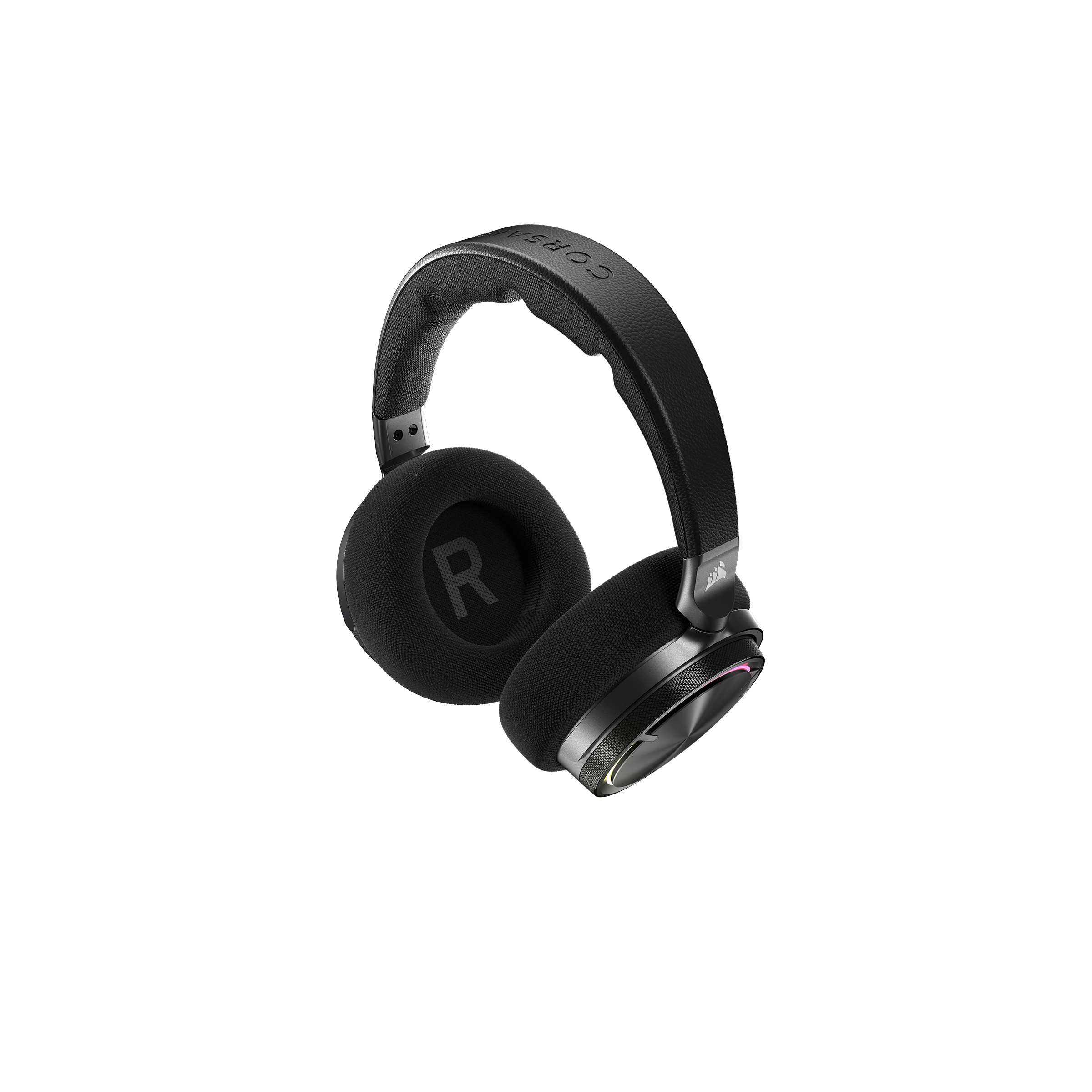 Schwarze Over-Ear-Kopfhörer. Der linke Ohrmuschel zeigt ein 'R'. Das Design ist schlank und schwarz.