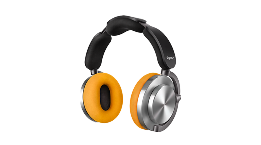 Auriculares con almohadillas naranjas, diadema negra y detalles plateados.