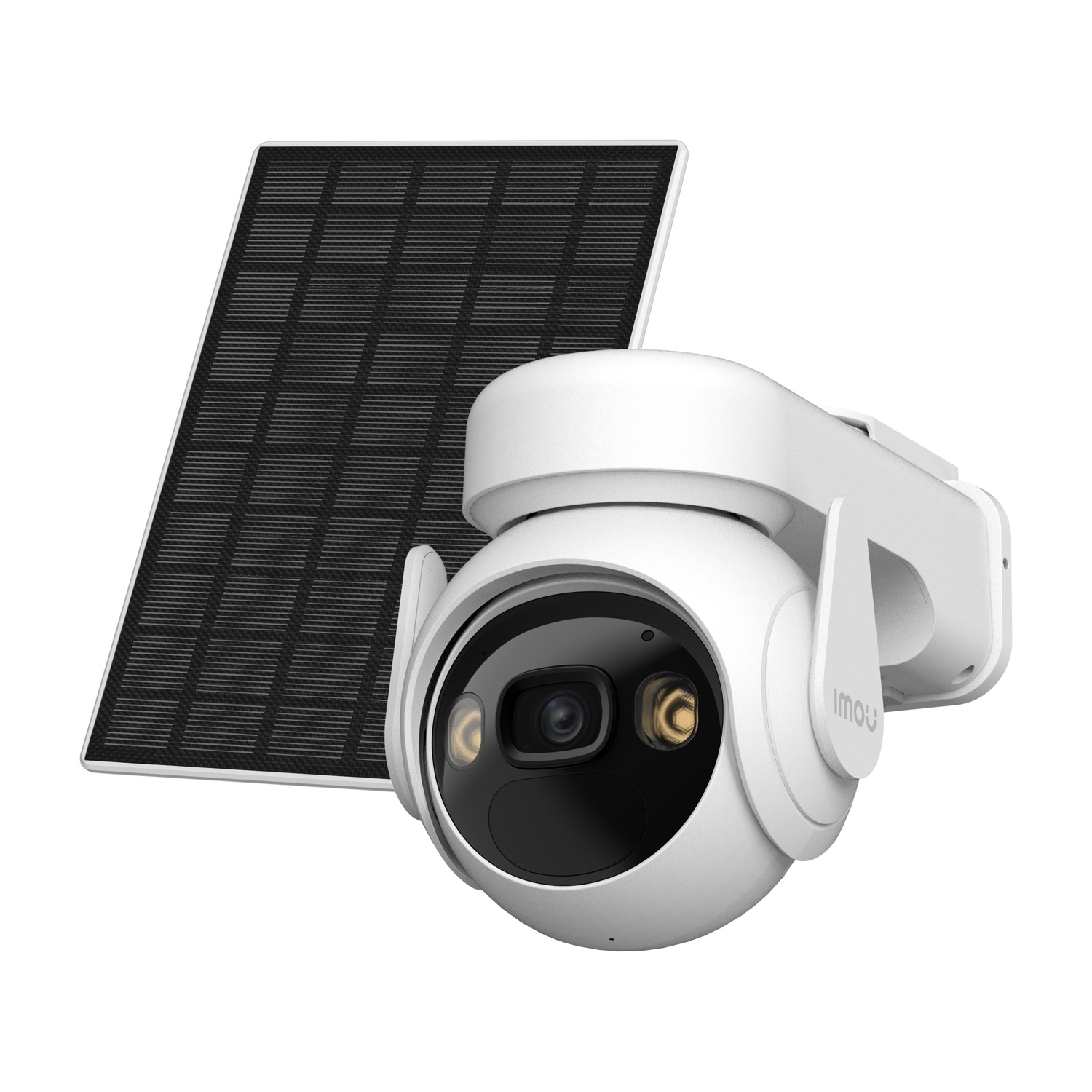 Una telecamera di sicurezza bianca con un pannello solare. È montata a parete.