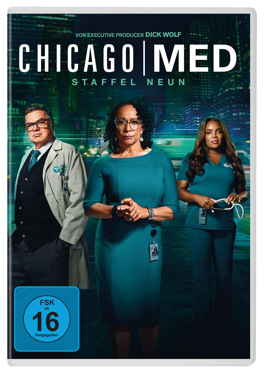 Chicago Med Staffel neun DVD-Cover. Enthält drei Schauspieler in teal-Outfits, Stadtkulisse und ein FSK-Logo.