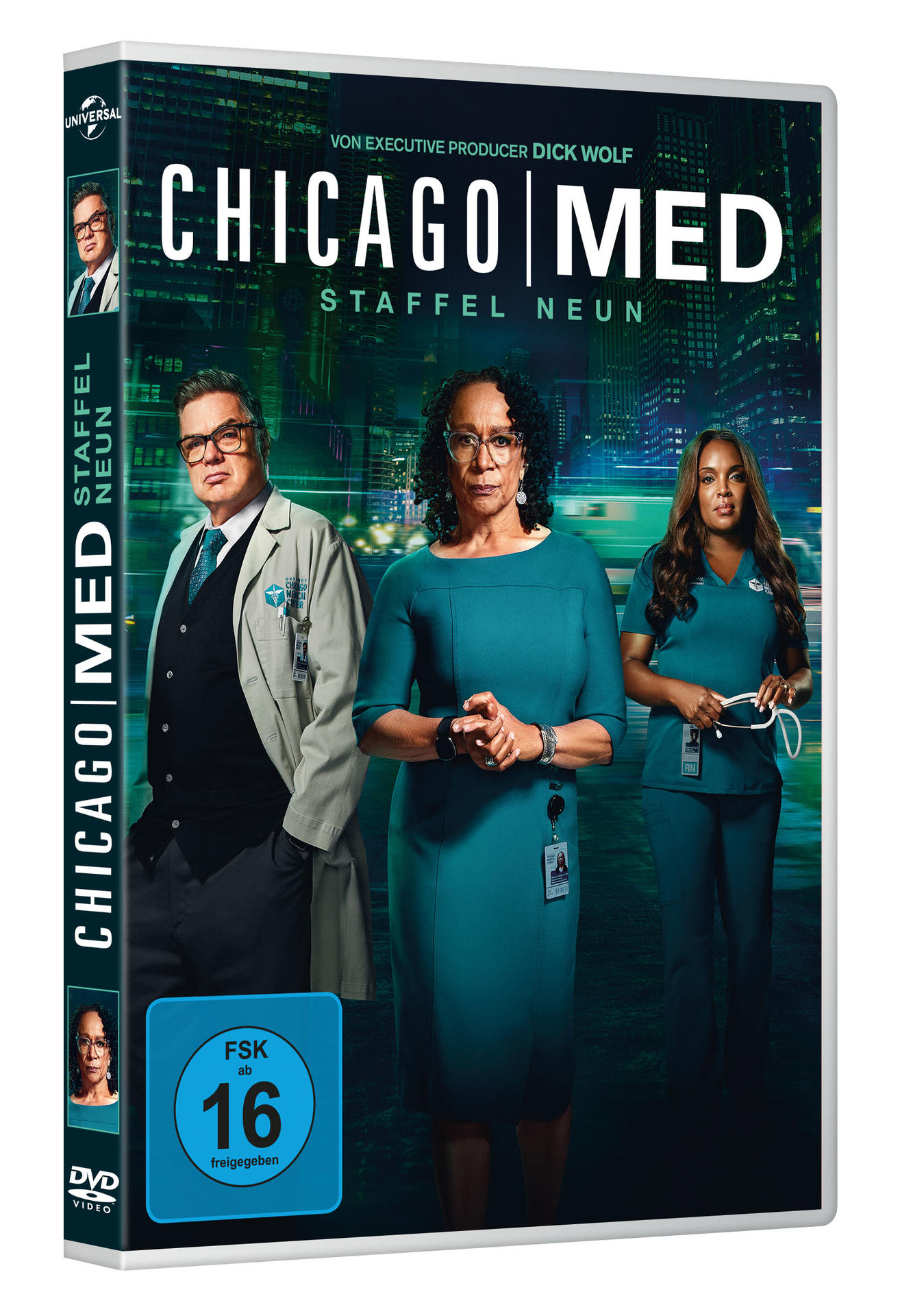 Das Cover einer DVD-Hülle der Chicago Med-Serie wird gezeigt. Drei Schauspieler sind auf dem Cover mit Stadtansicht.