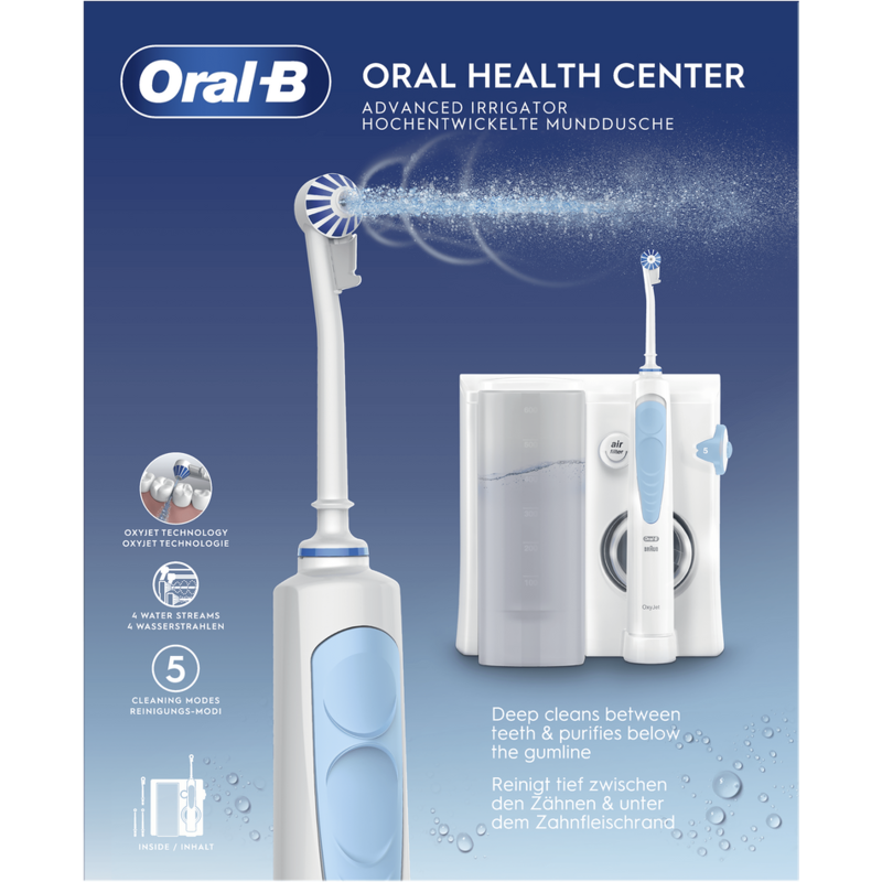 Centro de salud bucal Oral-B con cepillo de dientes y irrigador, con modos de limpieza indicados.