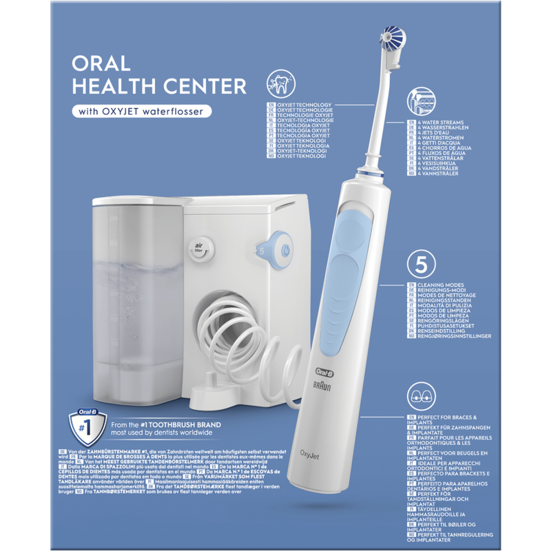 Centro de salud bucal con irrigador y cepillo de dientes. Texto en varios idiomas, incluido el inglés.