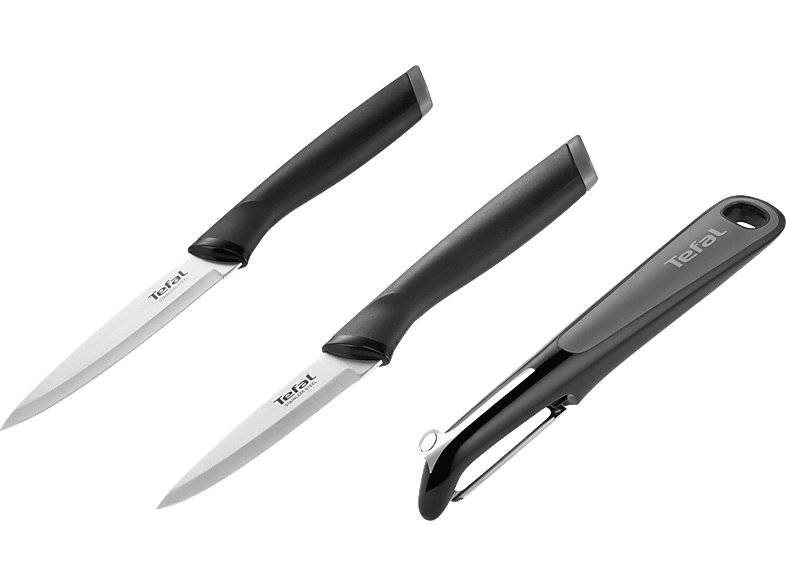 Set de cuchillos - Tefal K2213S Essential, 3 piezas, Cuchillo pelador, multiusos, Pelador, Acero inoxidable, Mango ergonómico, Negro