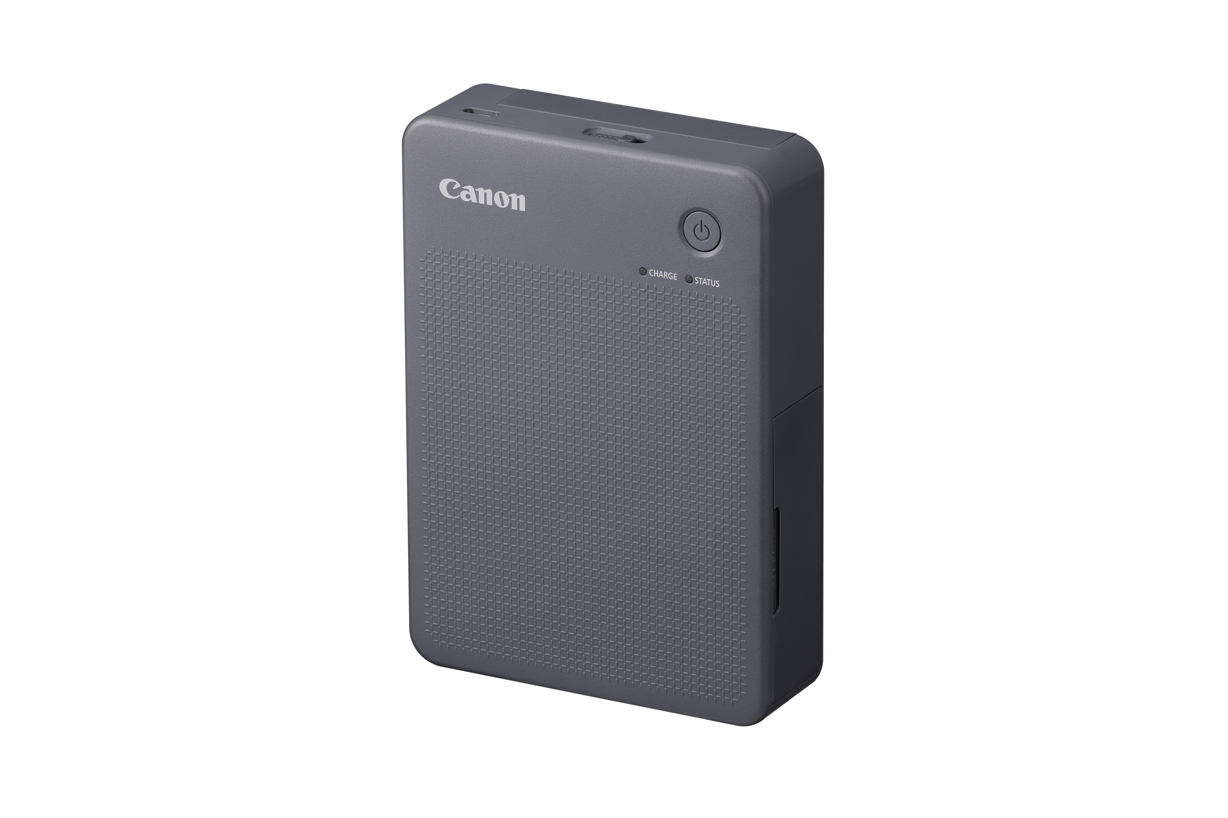 Ein grauer Canon-Drucker. Er hat einen Einschaltknopf und eine Ladezustandsanzeige.