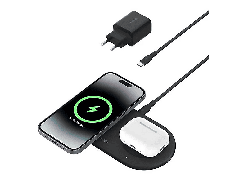 Cargador móvil inalámbrico - Belkin WIZ021vfBK, Apple iPhone, 15W, puerto USB-C, Negro