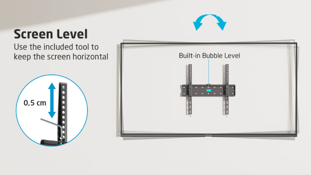 Instrucciones para nivelar la pantalla, mostrando una herramienta y un soporte en una pared, con nivel de burbuja incorporado.