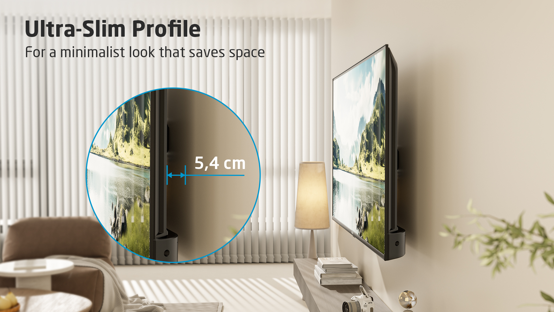 Un televisor montado muestra un paisaje. El televisor está a 5,4 cm de la pared.