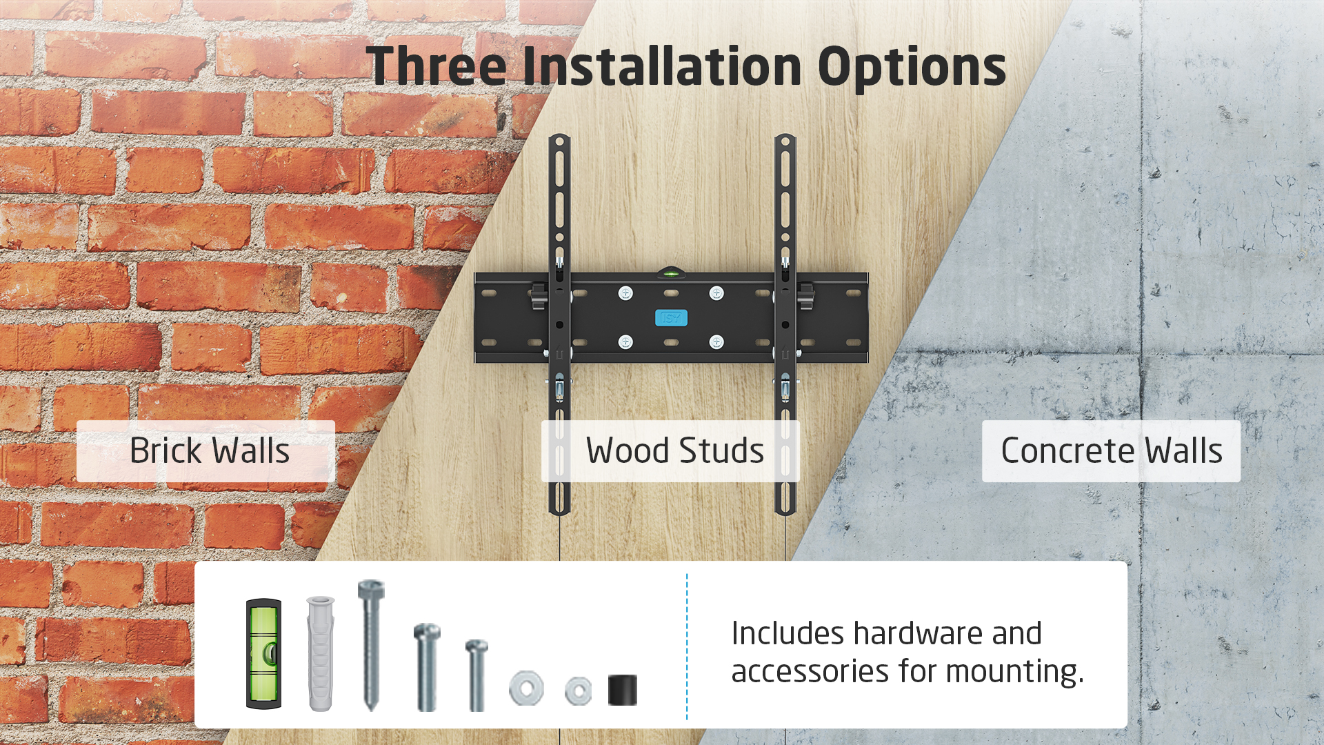 Diagrama que muestra tres opciones de instalación para un soporte de TV: ladrillo, montantes de madera y paredes de hormigón.