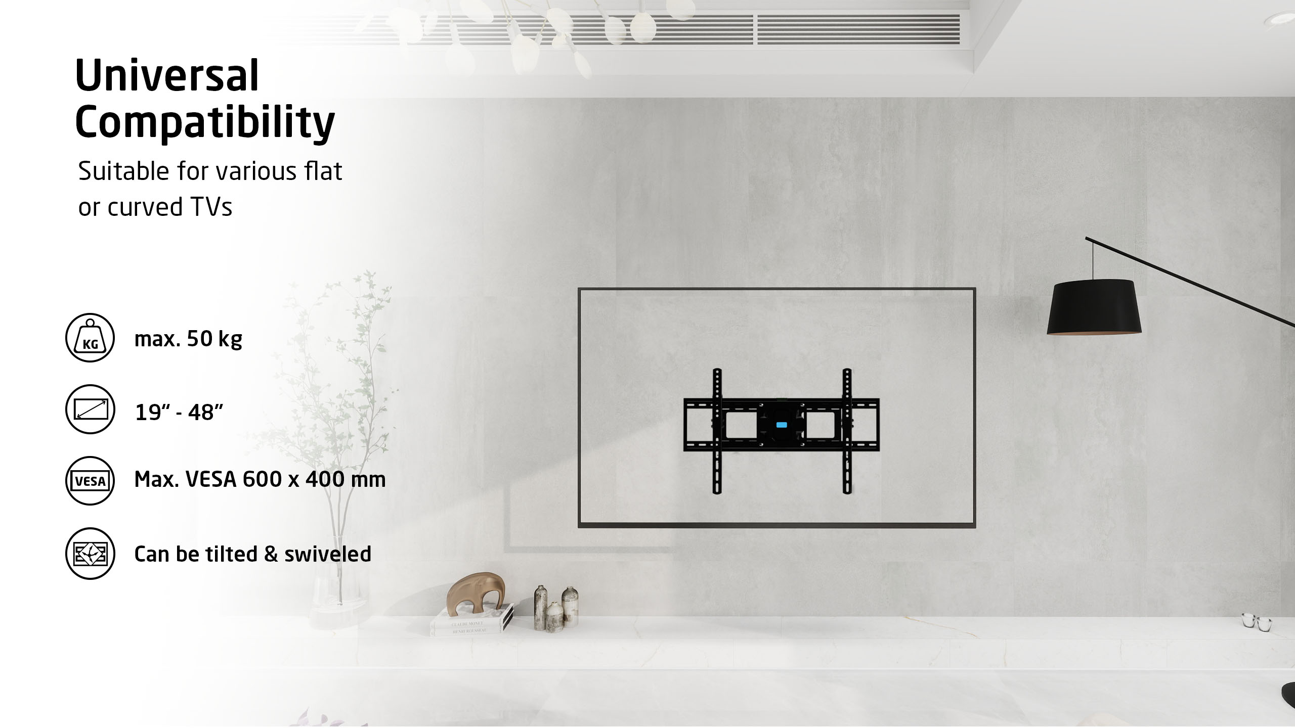 TV en soporte de pared, con texto sobre compatibilidad universal, peso, tamaño y VESA.