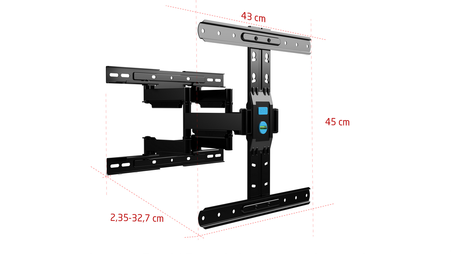 Un soporte de pared para TV negro, dimensiones en cm: 43x45 y 2,35-32,7.