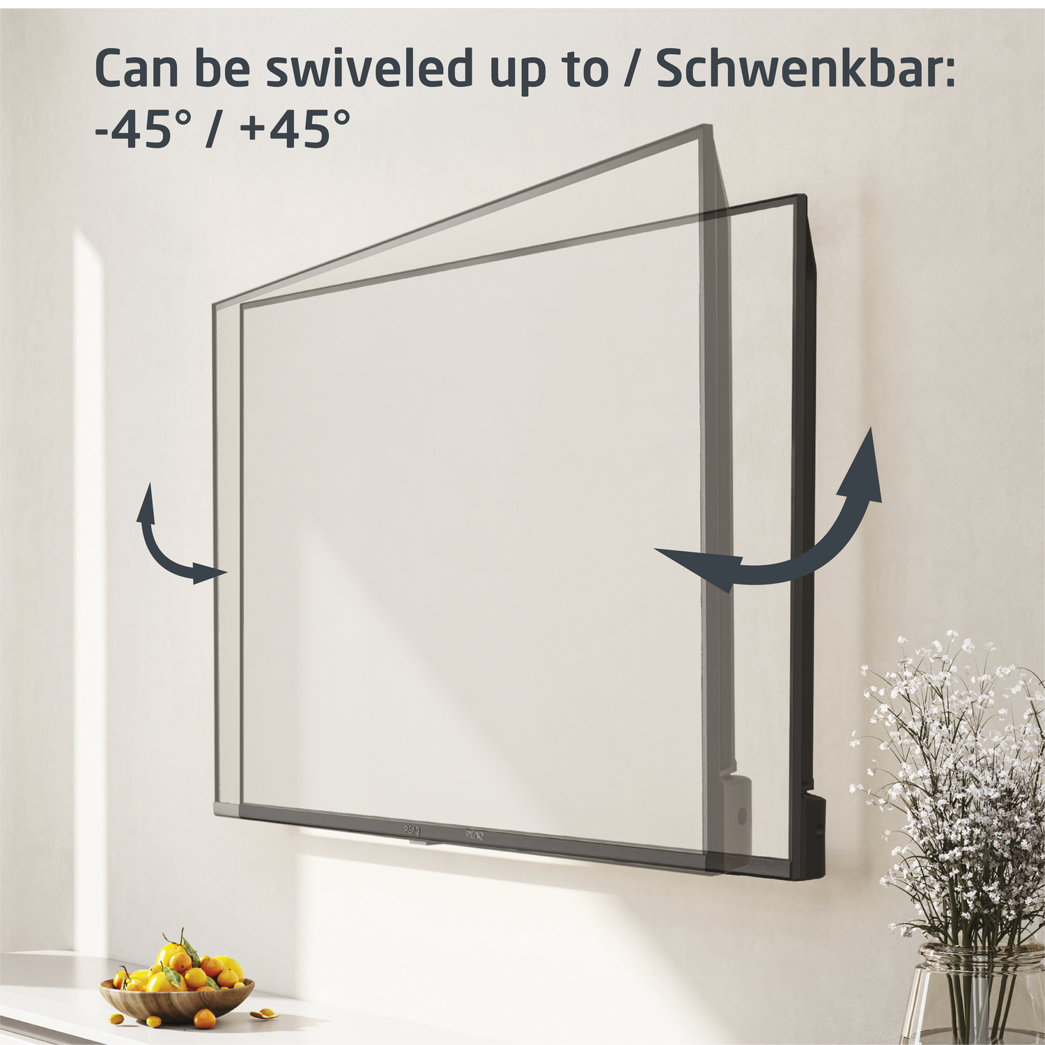 Un televisor montado en la pared, con flechas que muestran que puede girar hasta -45° / +45°.