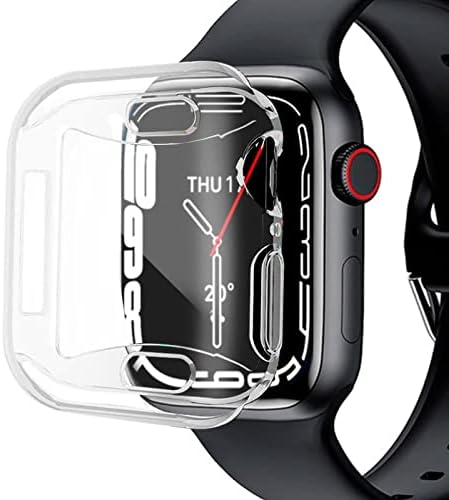 Apple Watch negra en una muñeca con una funda transparente. La pantalla muestra la fecha y hora.