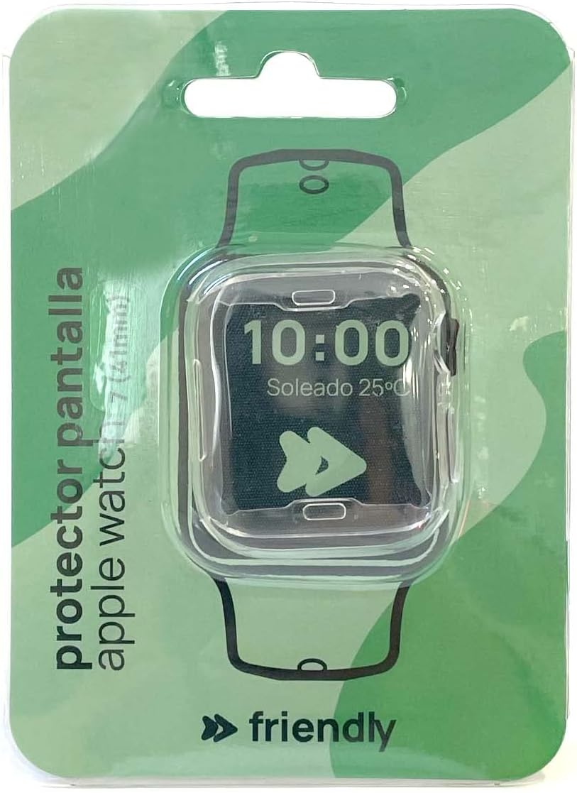 Un smartwatch en una funda protectora transparente, que muestra la hora y el clima.