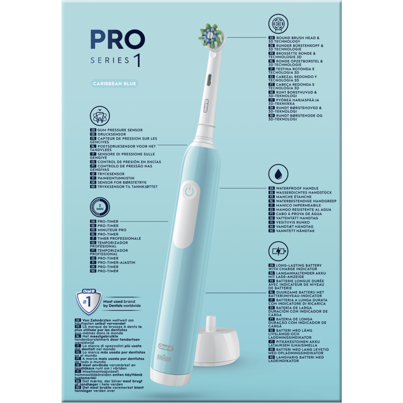 Un cepillo de dientes eléctrico Oral-B y base de carga sobre fondo blanco con texto.