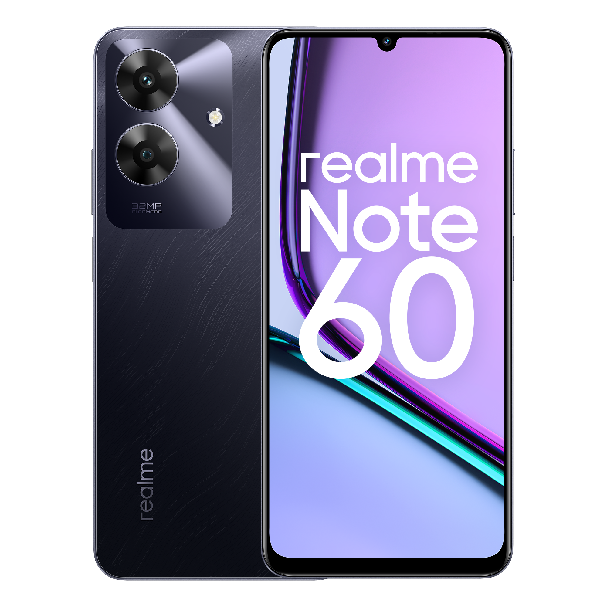 Un teléfono Realme Note 60 negro. Parte trasera con cámaras duales, frontal con nombre y número.