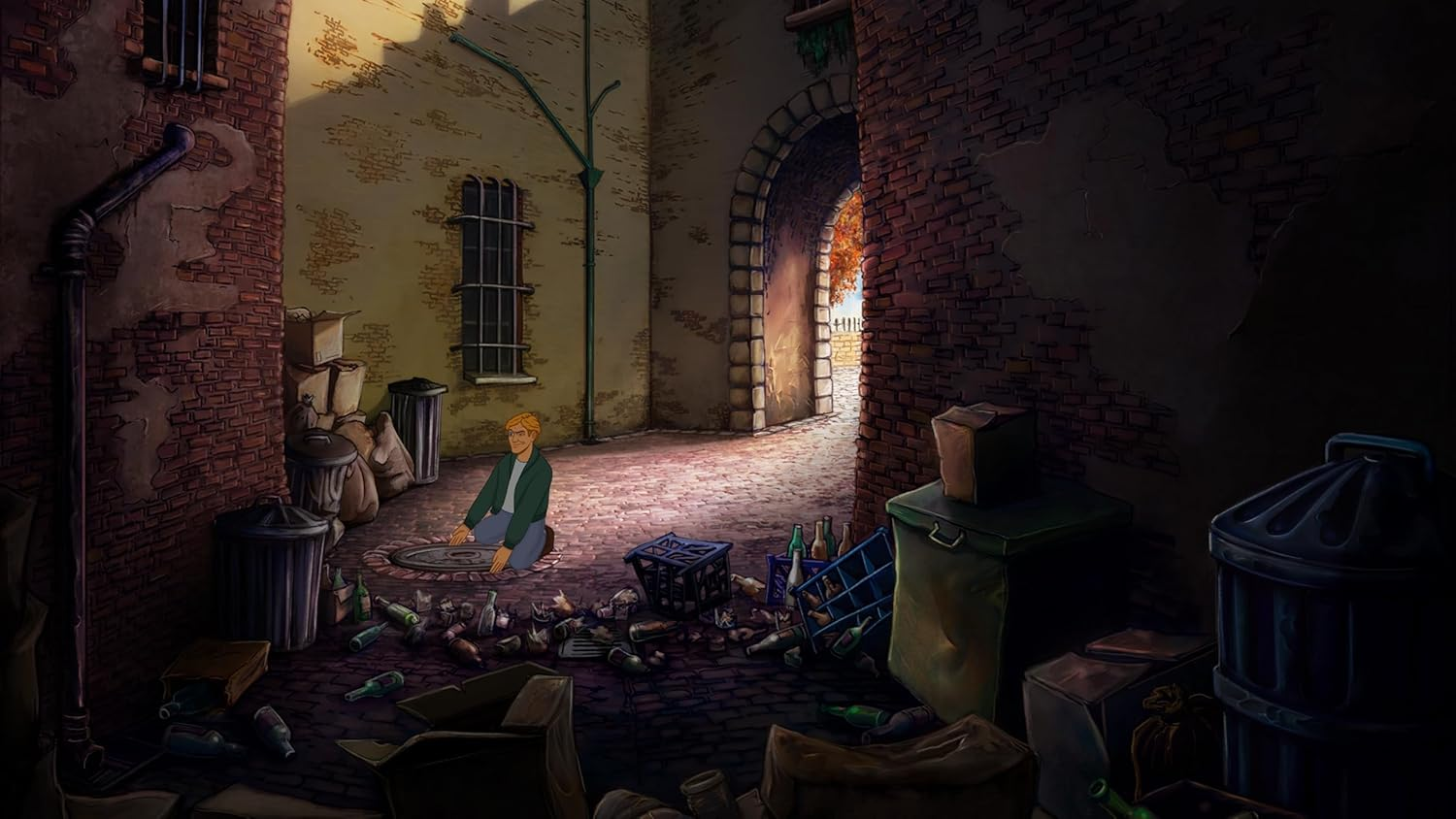 Una escena de callejón caricaturesca con un hombre sentado junto a una alcantarilla, rodeado de basura y paredes de ladrillo.