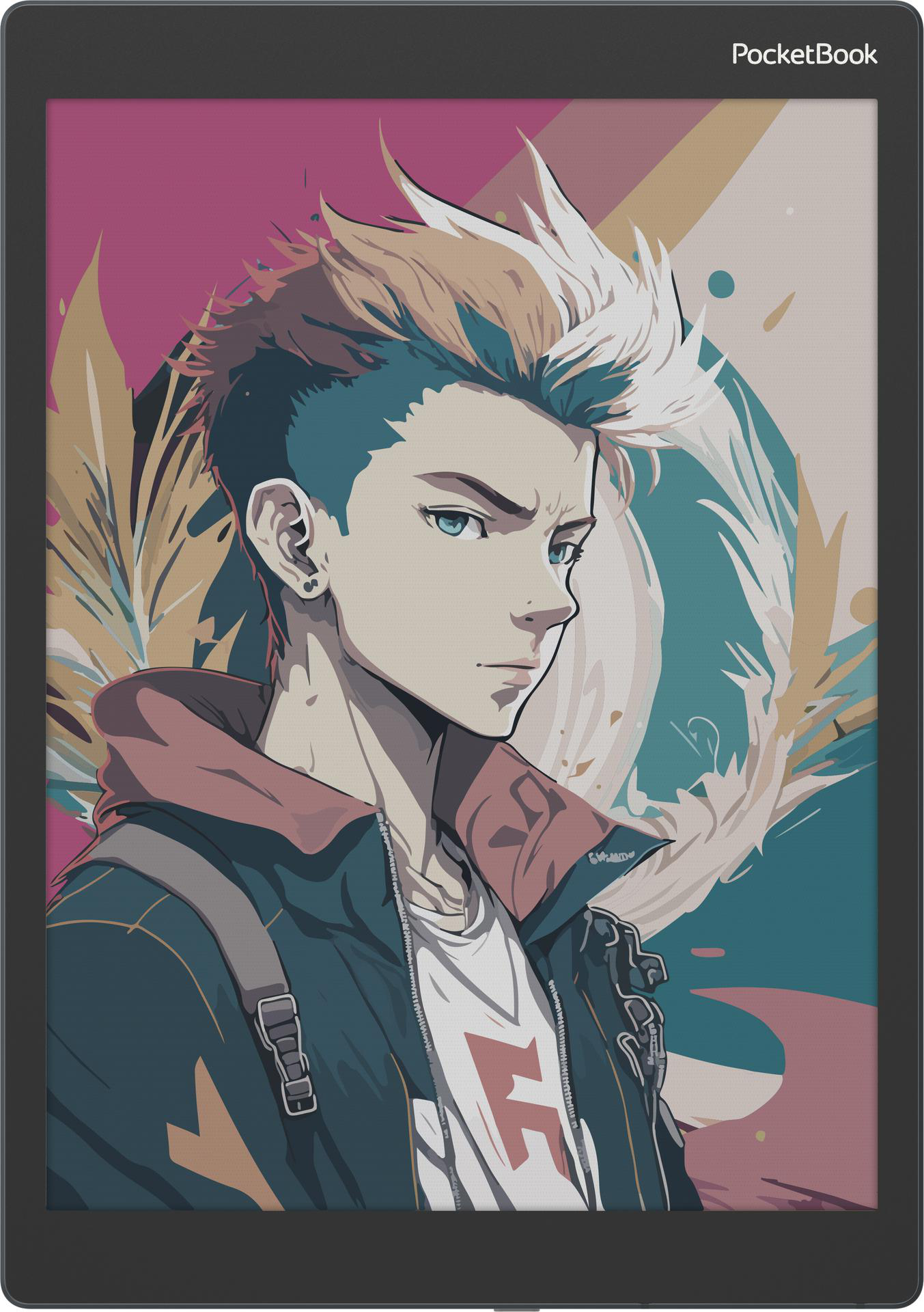 Anime-Illustration auf einem E-Reader. Ein junger Mann mit blau gefärbtem Haar blickt zur Seite.