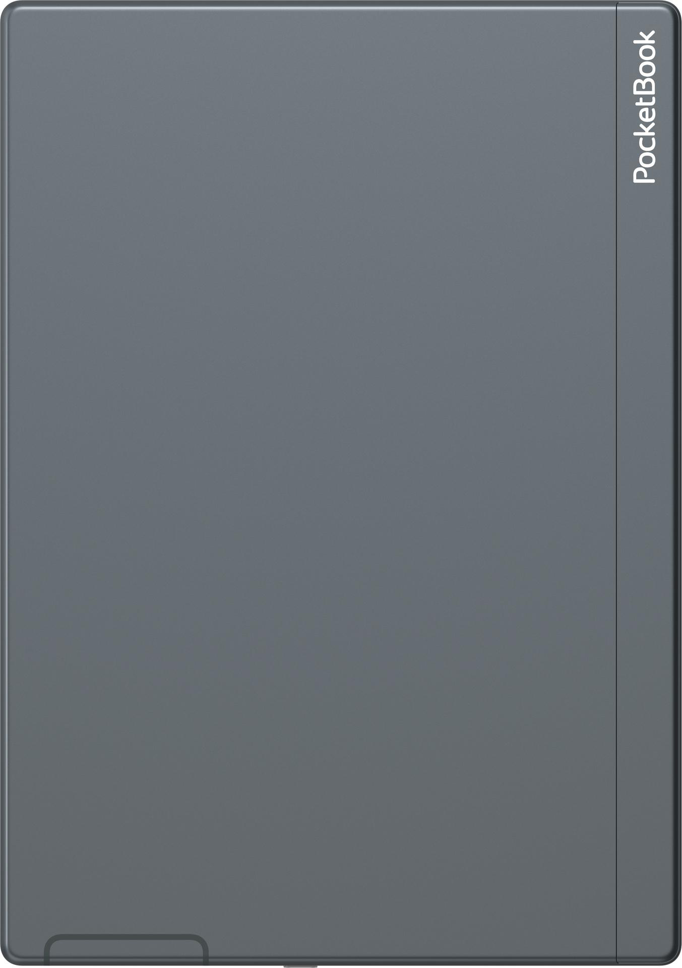 Ein grauer PocketBook E-Reader, geschlossen, mit dem Markennamen PocketBook vertikal auf der rechten Seite gedruckt.