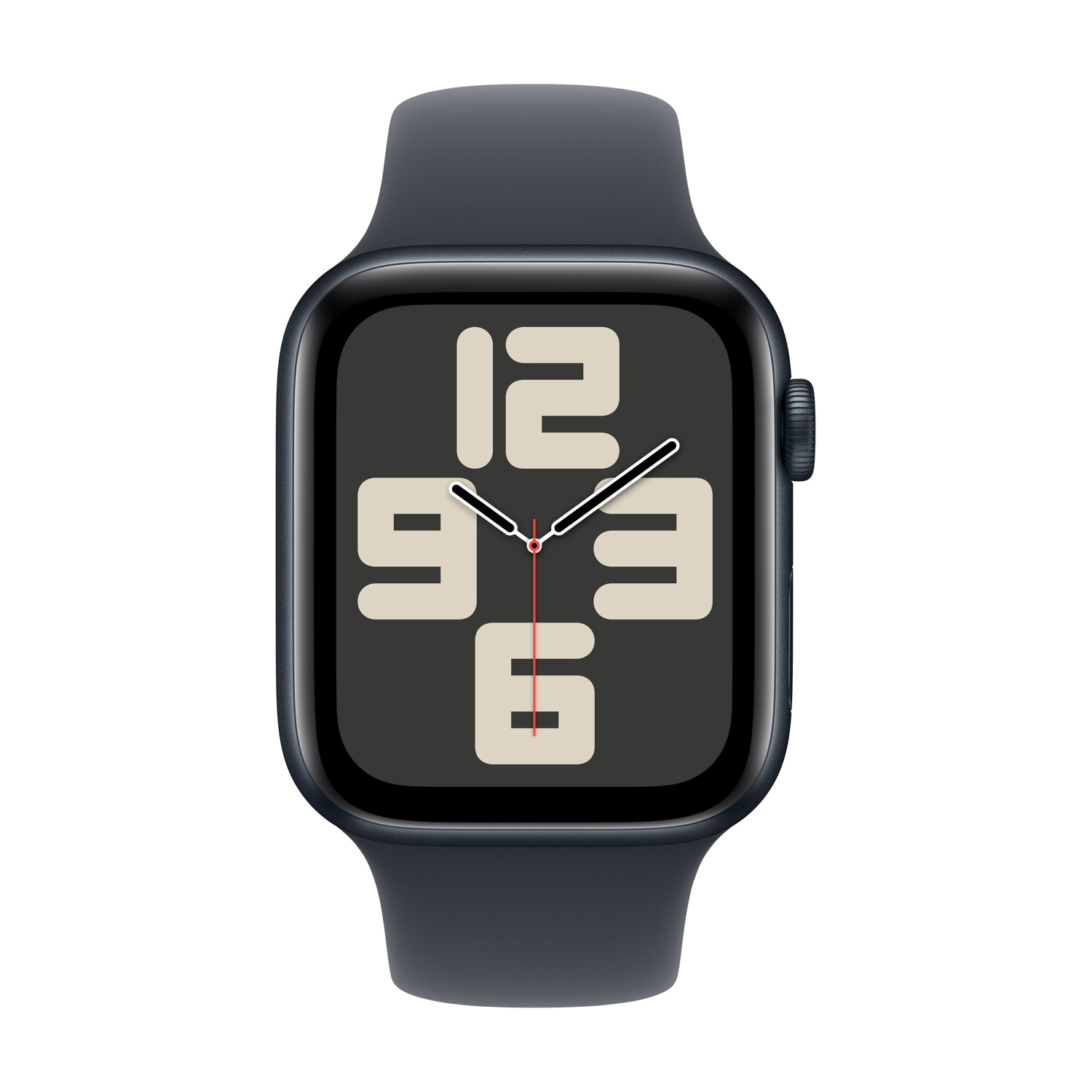 Un Apple Watch con quadrante nero che mostra grandi numeri bianchi.