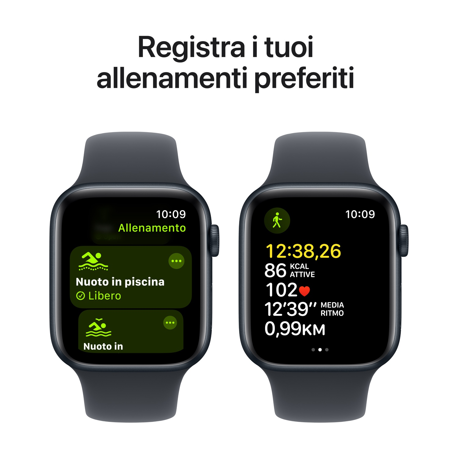 Due smartwatch che mostrano dati di allenamento, durata, frequenza cardiaca e calorie.