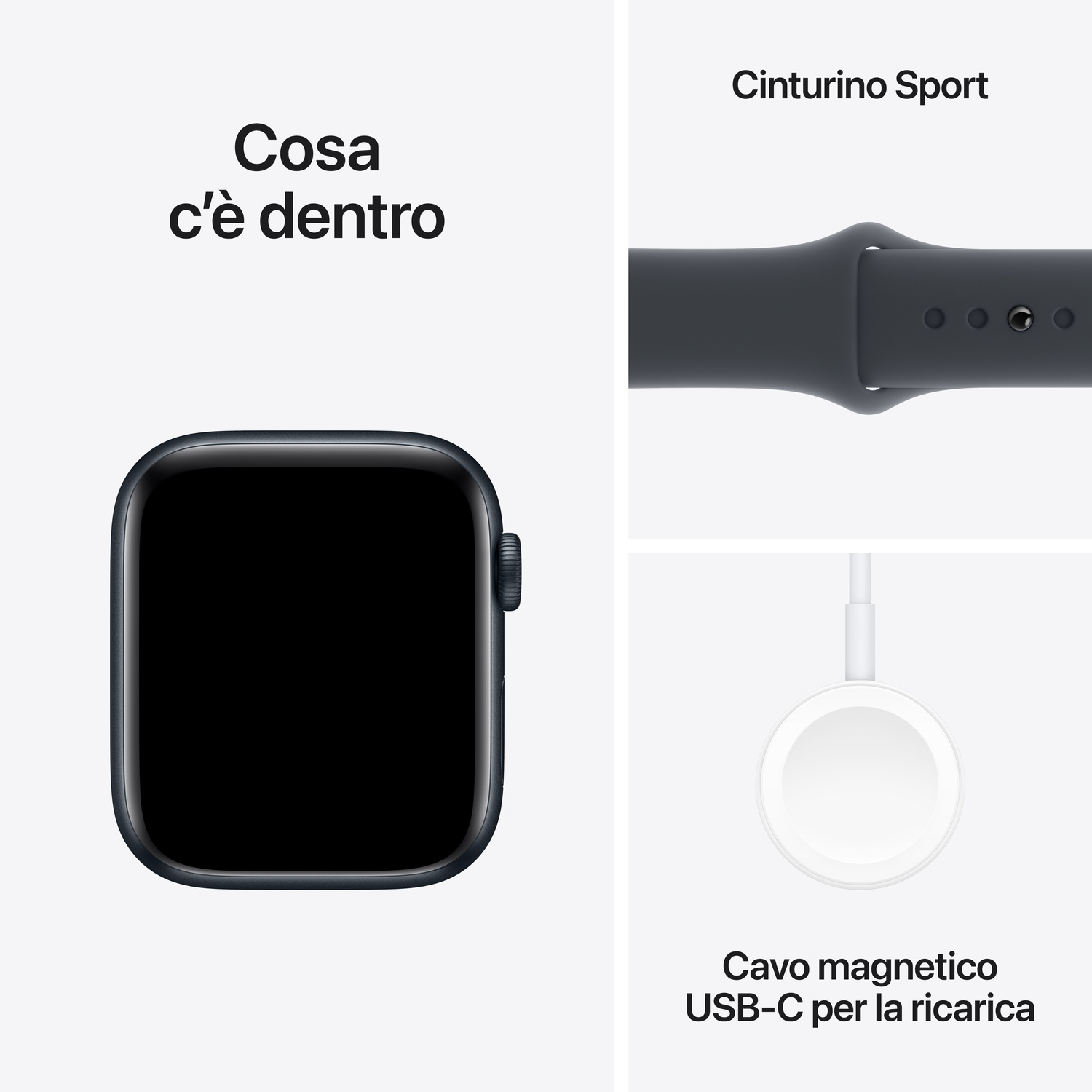 Smartwatch nero, cinturino sportivo e cavo di ricarica. Testo: Cosa c'è dentro. Sfondo bianco.