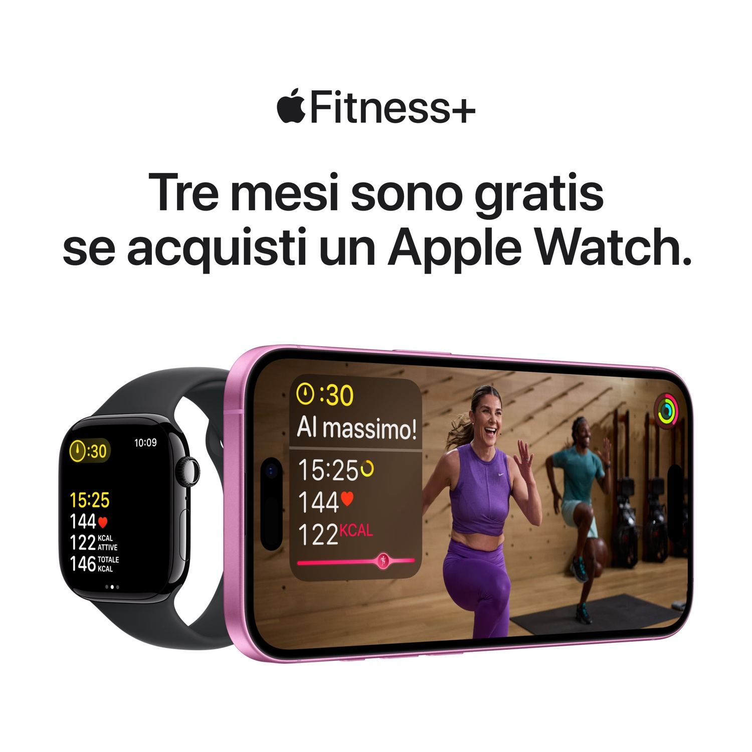 Un Apple Watch al polso e un iPhone che mostra lo schermo di un'app di fitness. Il testo è in italiano.