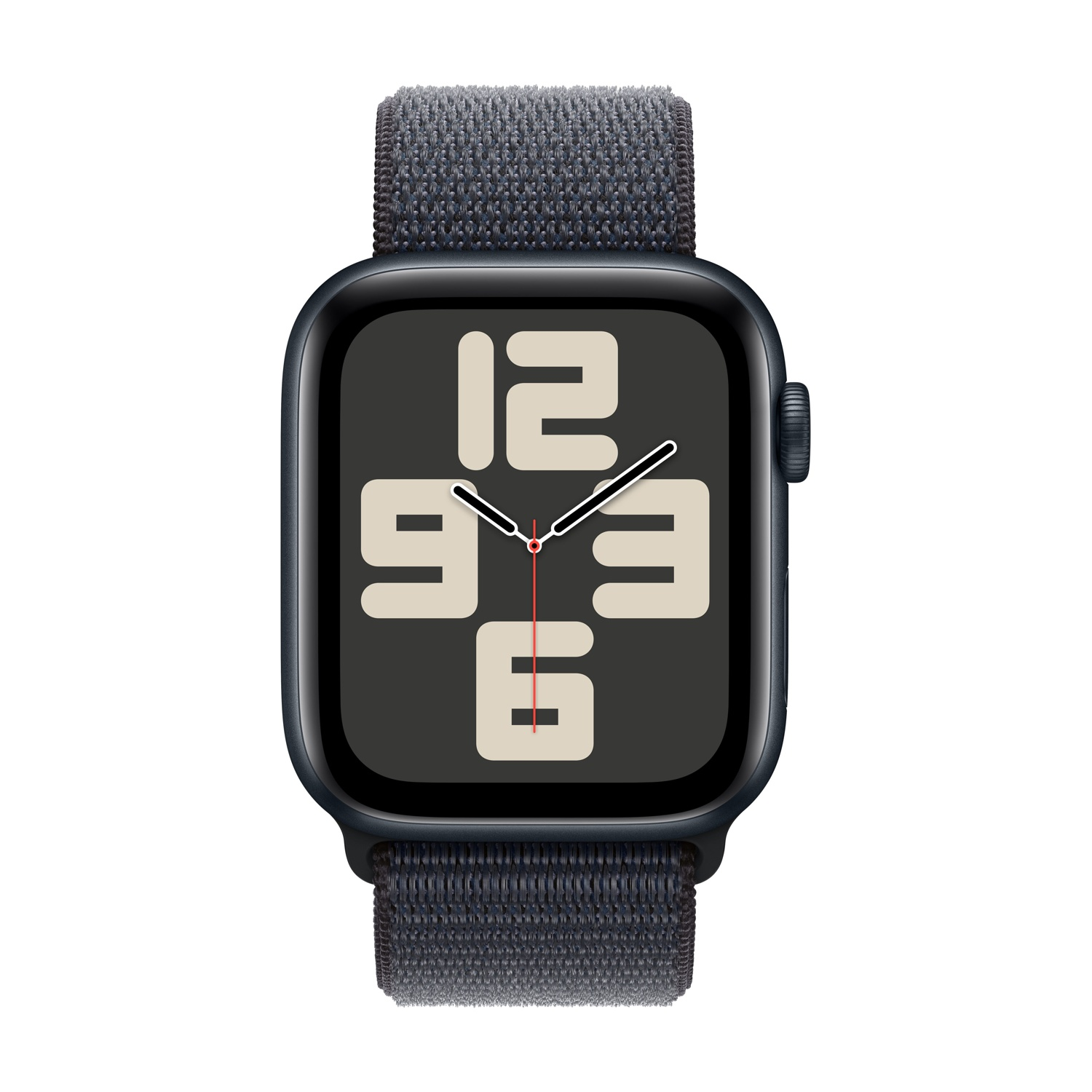 Un Apple Watch con cinturino scuro e schermo nero che mostra l'ora.