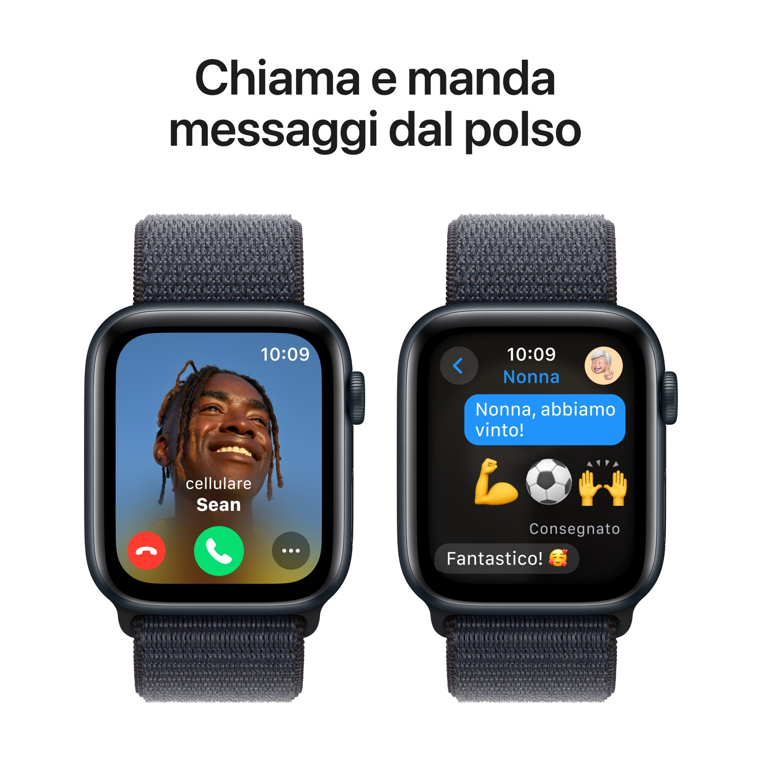 Due smartwatch su superficie bianca. Uno mostra videochiamata, l'altro messaggio testo.
