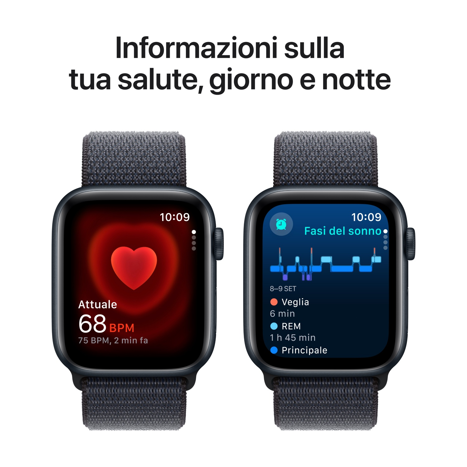 Due smartwatch che mostrano dati sulla salute, uno mostra la frequenza cardiaca, l'altro le fasi del sonno.