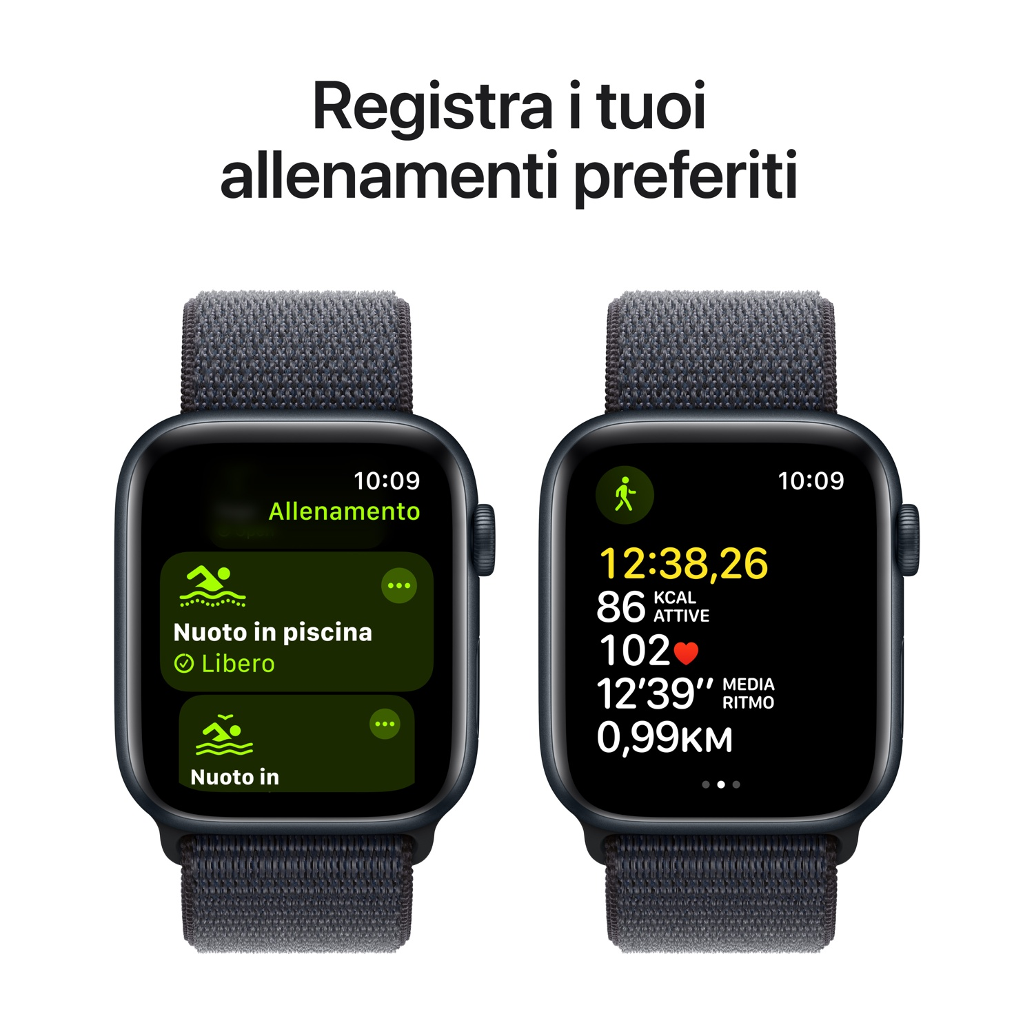Due smartwatch che mostrano i dati di allenamento. Uno mostra i dati di nuoto, l'altro i dati di corsa.