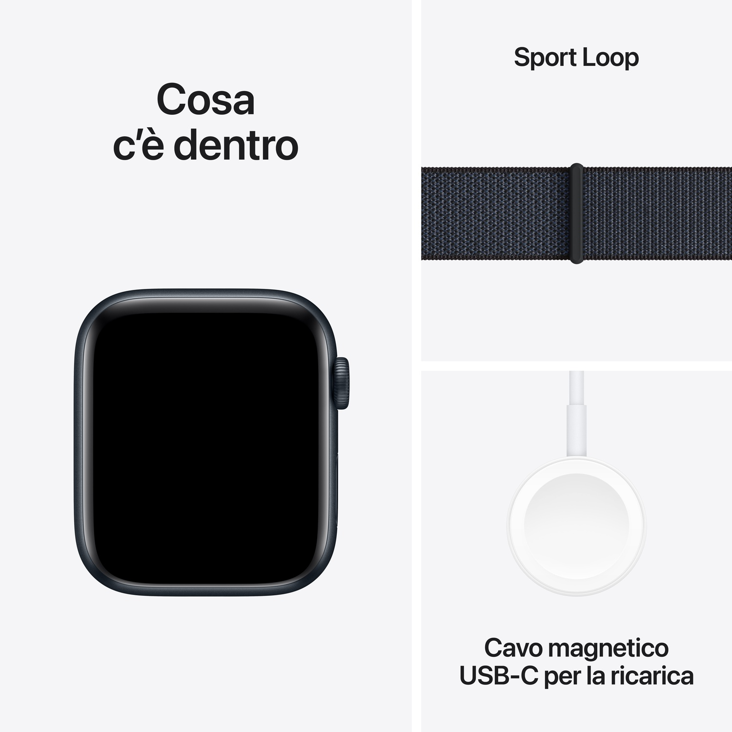 Un Apple Watch con cinturino Sport Loop e un cavo di ricarica magnetico USB-C, su sfondo bianco.
