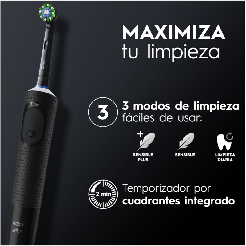 Un cepillo de dientes blanco y negro con un cabezal de cepillo y texto en español.