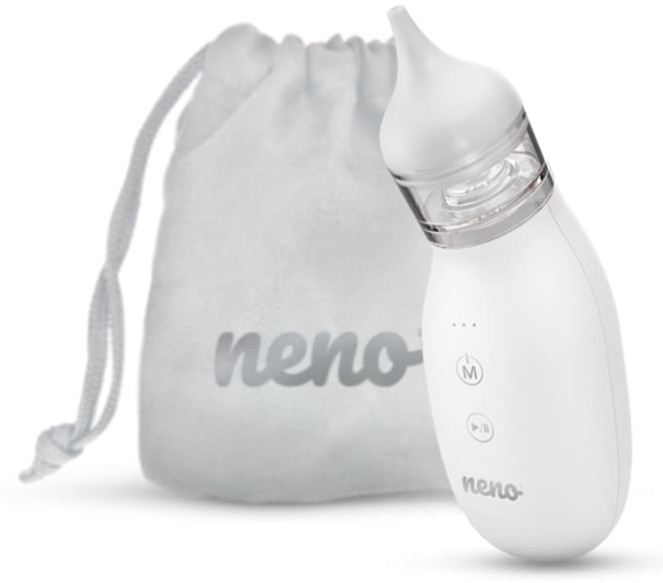 Biały aspirator do nosa dla dziecka, z pasującą torbą.